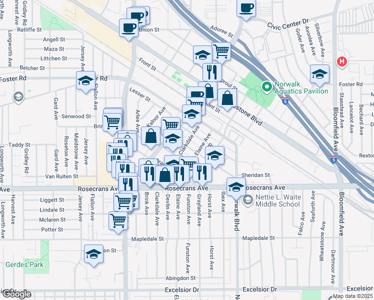 map of restaurants, bars, coffee shops, grocery stores, and more near 12006 Walnut Street in Norwalk