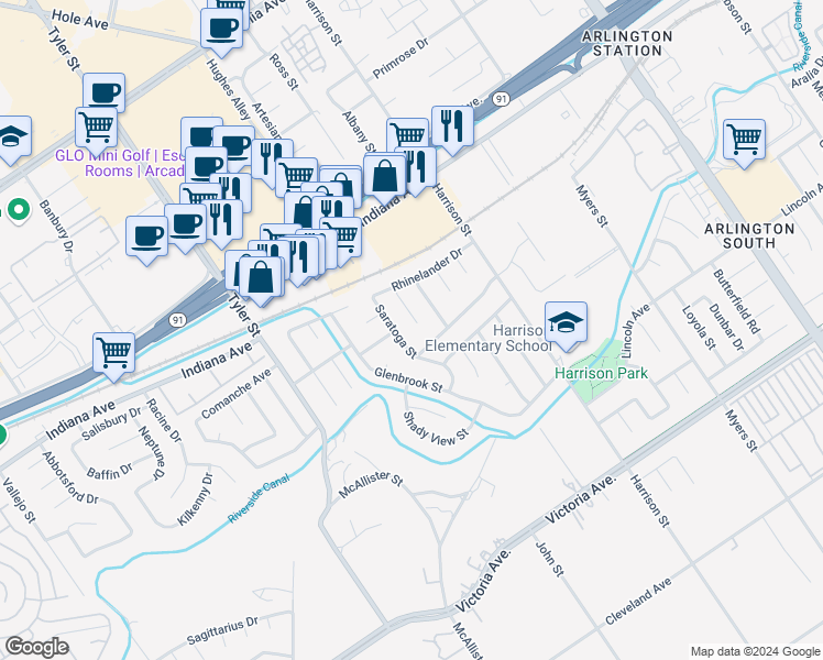 map of restaurants, bars, coffee shops, grocery stores, and more near 3160 Danube Way in Riverside