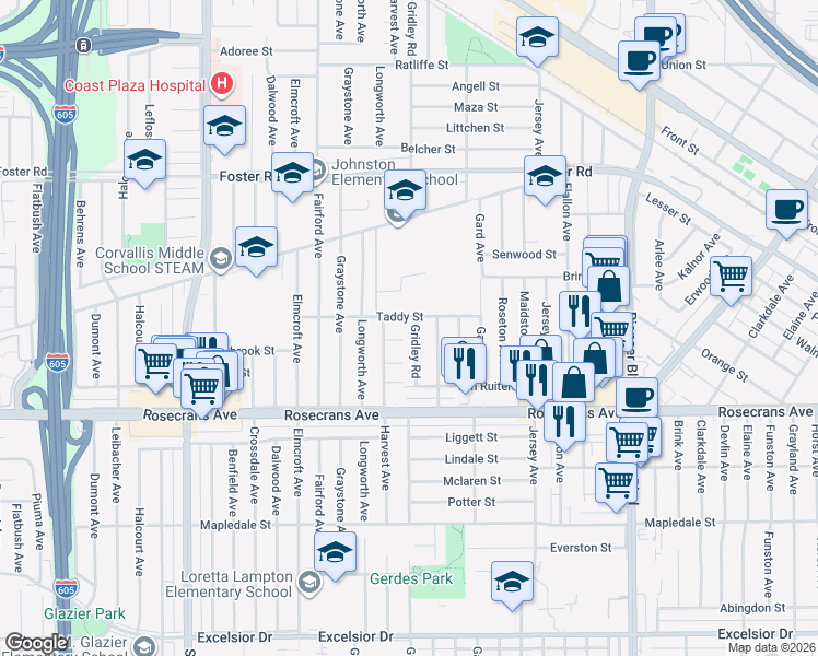 map of restaurants, bars, coffee shops, grocery stores, and more near 11334 Crestbrook Street in Norwalk