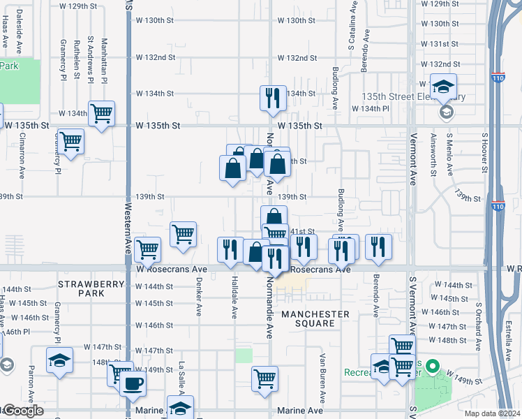 map of restaurants, bars, coffee shops, grocery stores, and more near 14083 Normandie Avenue in Gardena