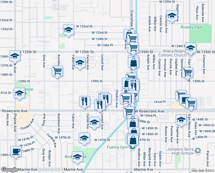 map of restaurants, bars, coffee shops, grocery stores, and more near 13932 Lemoli Avenue in Hawthorne