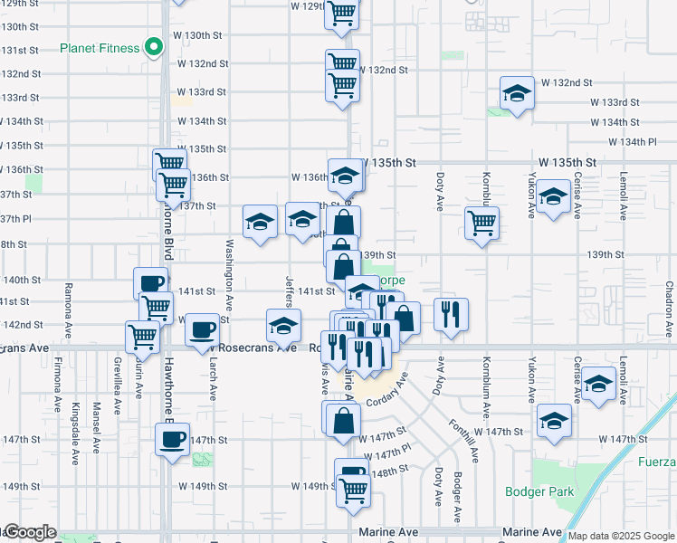 map of restaurants, bars, coffee shops, grocery stores, and more near 14041 Prairie Avenue in Hawthorne