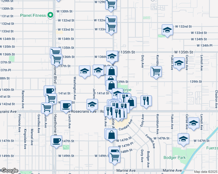 map of restaurants, bars, coffee shops, grocery stores, and more near 14041 Prairie Avenue in Hawthorne