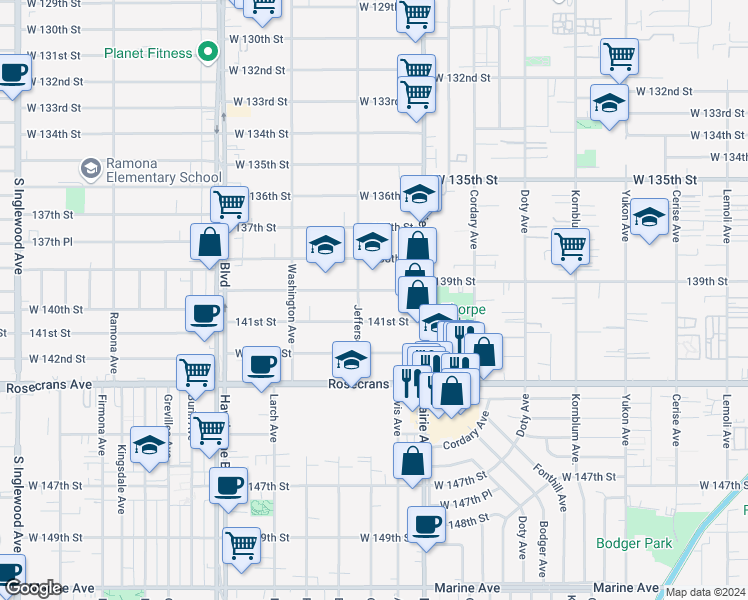 map of restaurants, bars, coffee shops, grocery stores, and more near 4069 West 141st Street in Hawthorne