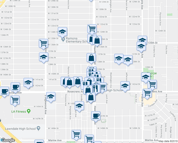 map of restaurants, bars, coffee shops, grocery stores, and more near 14005 Hawthorne Boulevard in Hawthorne