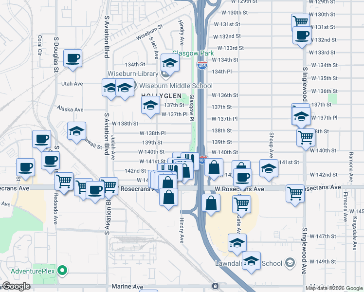 map of restaurants, bars, coffee shops, grocery stores, and more near 5309 West 140th Street in Hawthorne