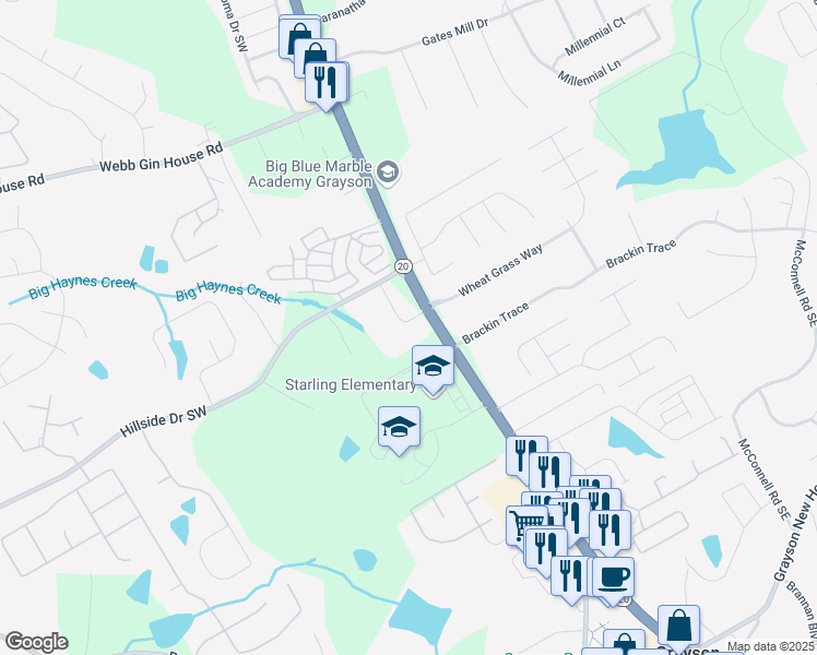 map of restaurants, bars, coffee shops, grocery stores, and more near 1655 Grayson Highway in Grayson