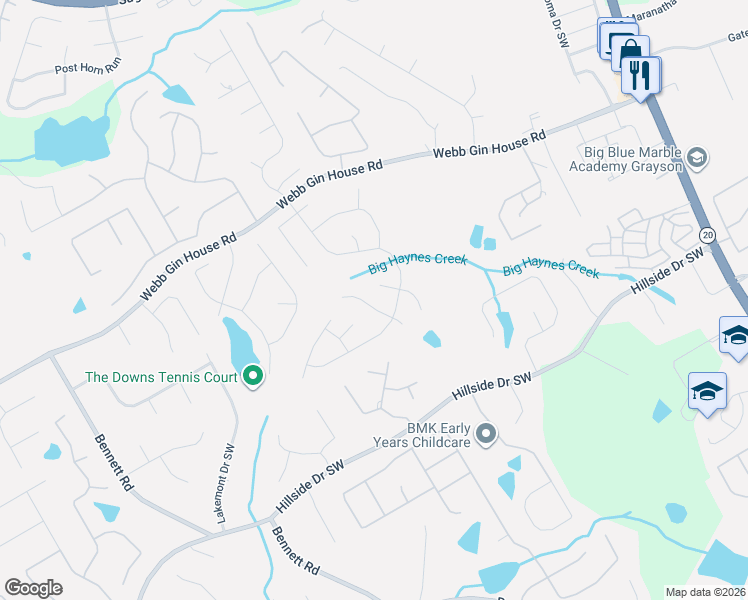 map of restaurants, bars, coffee shops, grocery stores, and more near 1427 Oak Bend Way in Lawrenceville