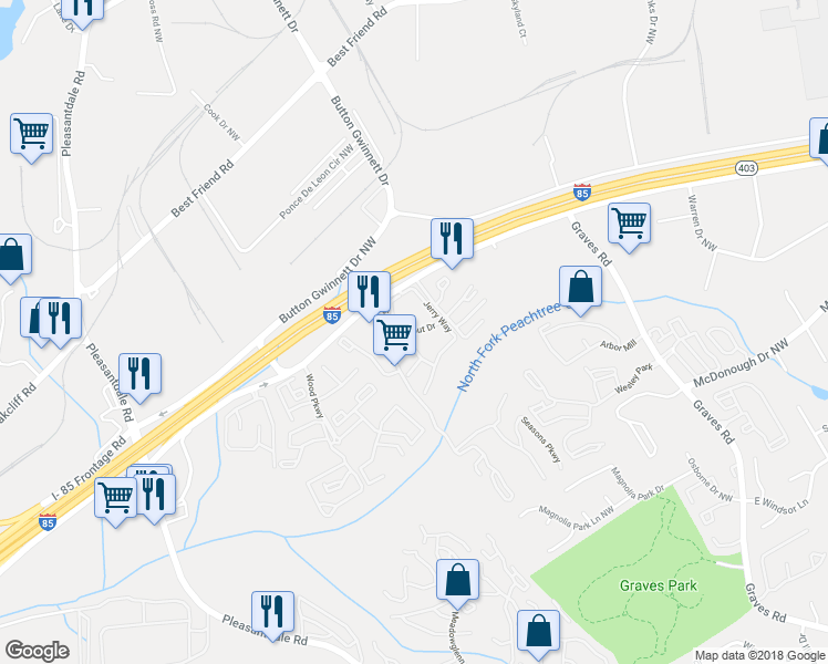 map of restaurants, bars, coffee shops, grocery stores, and more near 6800 Bebout Drive in Norcross