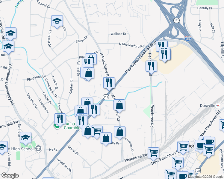 map of restaurants, bars, coffee shops, grocery stores, and more near 5675 Peachtree Industrial Boulevard in Atlanta