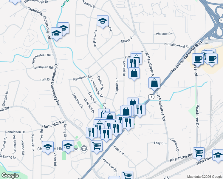 map of restaurants, bars, coffee shops, grocery stores, and more near 3839 Longview Drive in Atlanta