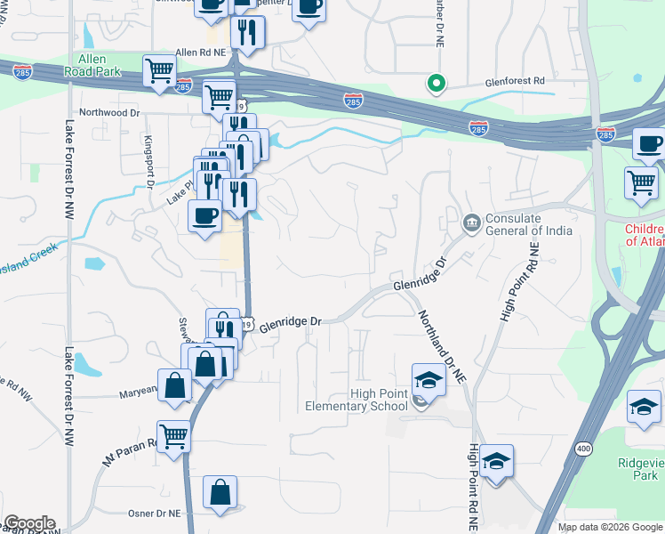 map of restaurants, bars, coffee shops, grocery stores, and more near 367 Tall Oaks Drive Northeast in Atlanta