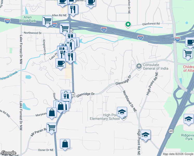 map of restaurants, bars, coffee shops, grocery stores, and more near 367 Tall Oaks Drive Northeast in Atlanta