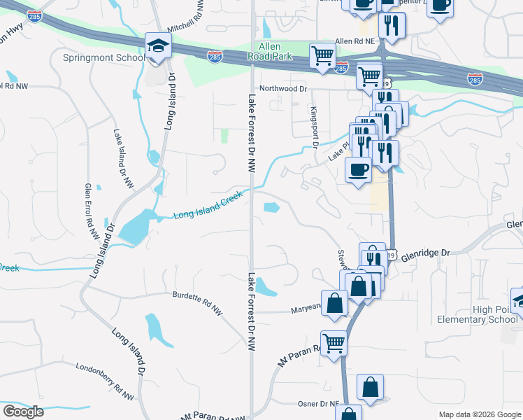 map of restaurants, bars, coffee shops, grocery stores, and more near 25 Quarry Lake Court in Sandy Springs