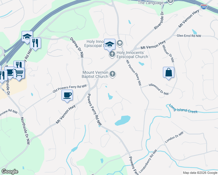 map of restaurants, bars, coffee shops, grocery stores, and more near 680 Widgeon Lane Northwest in Atlanta