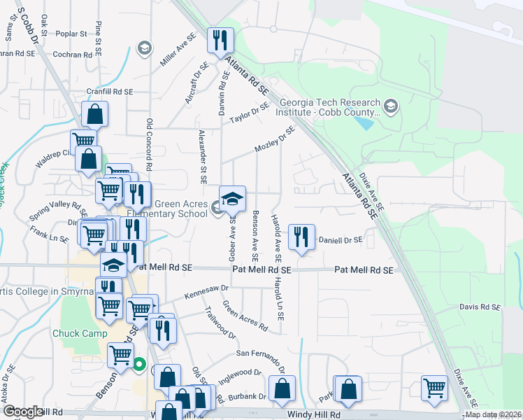 map of restaurants, bars, coffee shops, grocery stores, and more near 1996 Harold Avenue Southeast in Smyrna