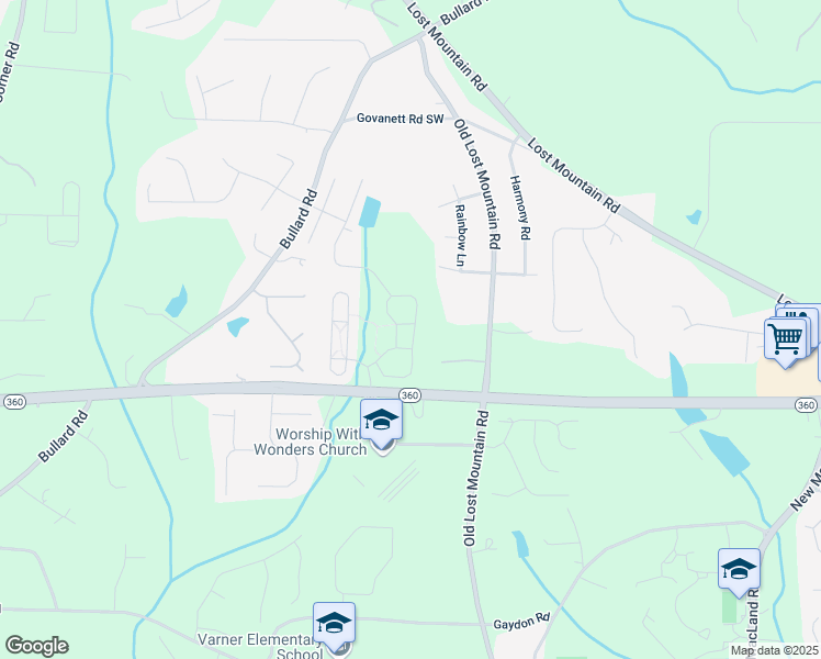 map of restaurants, bars, coffee shops, grocery stores, and more near 2058 Bonneville Lane in Powder Springs
