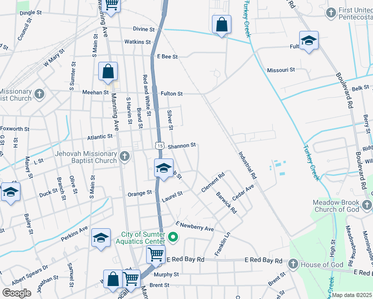 map of restaurants, bars, coffee shops, grocery stores, and more near 14 Northwestern Avenue in Sumter