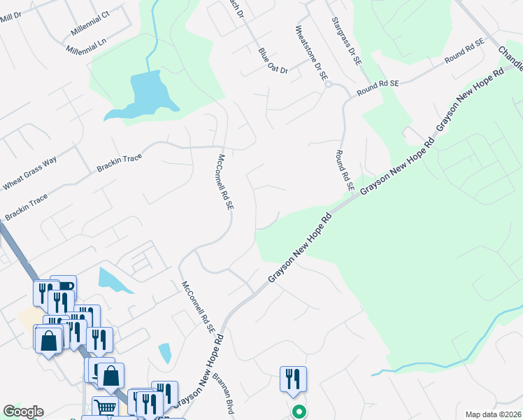 map of restaurants, bars, coffee shops, grocery stores, and more near 74 Leighs Grove Way in Grayson
