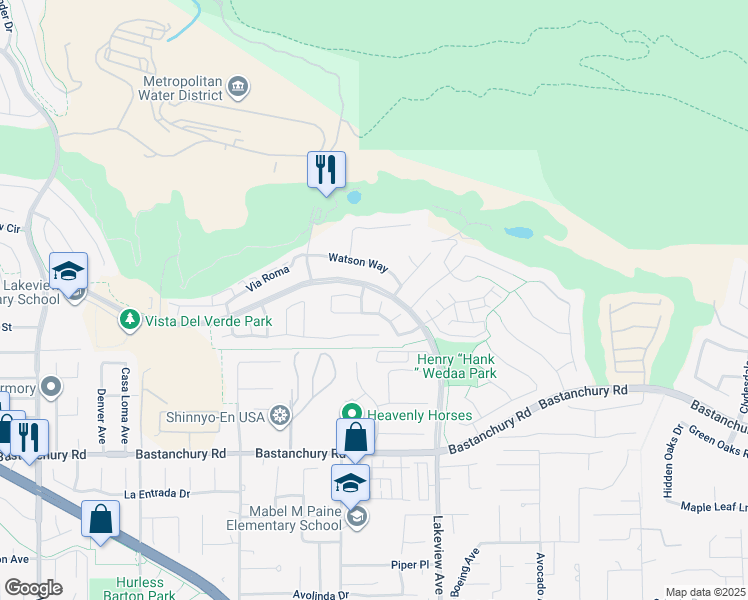map of restaurants, bars, coffee shops, grocery stores, and more near 3927 Congressional Court in Yorba Linda