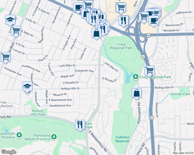 map of restaurants, bars, coffee shops, grocery stores, and more near 3000 Persimmon Place in Fullerton