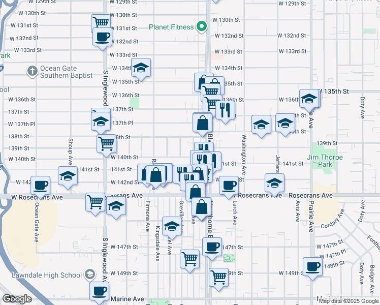 map of restaurants, bars, coffee shops, grocery stores, and more near 13921 Hawthorne Way in Hawthorne