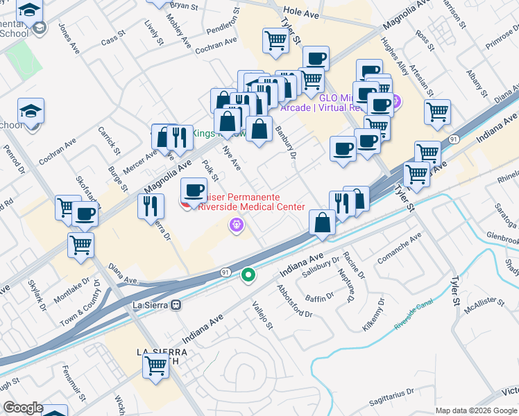 map of restaurants, bars, coffee shops, grocery stores, and more near 10604 White Oak Drive in Riverside