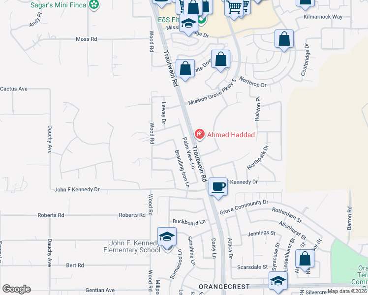 map of restaurants, bars, coffee shops, grocery stores, and more near 8071 Palm View Lane in Riverside