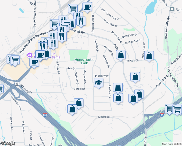 map of restaurants, bars, coffee shops, grocery stores, and more near 3140 Pin Oak Way in Doraville