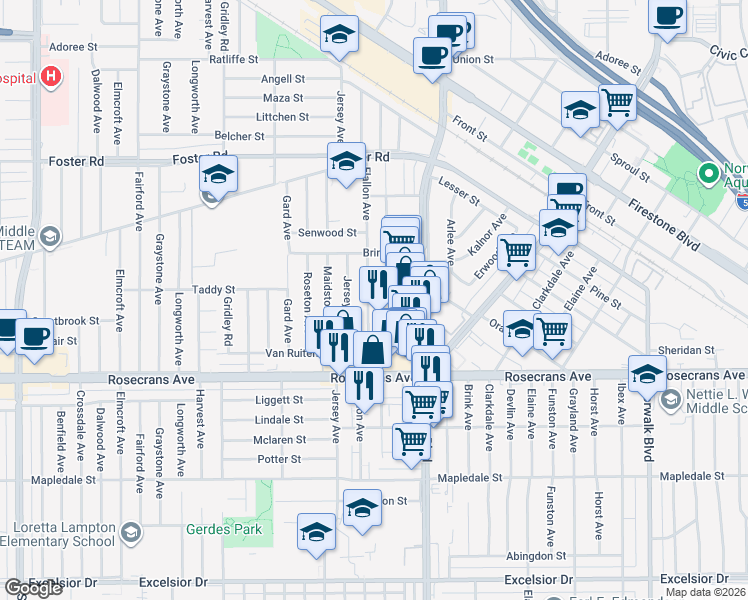 map of restaurants, bars, coffee shops, grocery stores, and more near 13918 Flallon Avenue in Norwalk