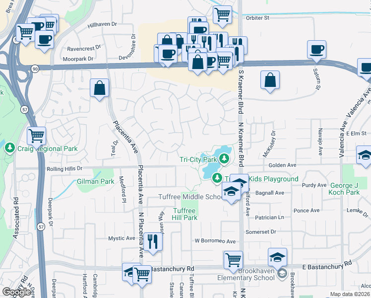 map of restaurants, bars, coffee shops, grocery stores, and more near 2966 Glenberry Court in Fullerton