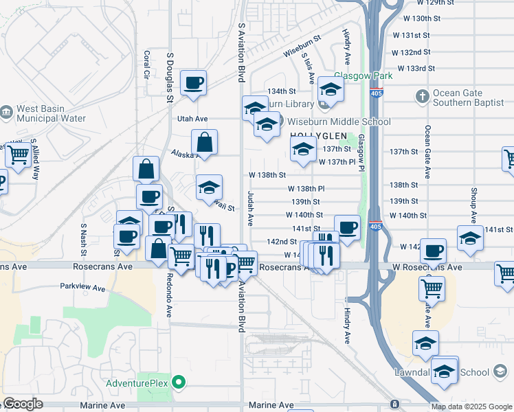 map of restaurants, bars, coffee shops, grocery stores, and more near 5536 139th Street in Hawthorne