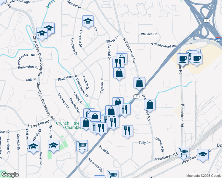 map of restaurants, bars, coffee shops, grocery stores, and more near 3841 Admiral Drive in Atlanta