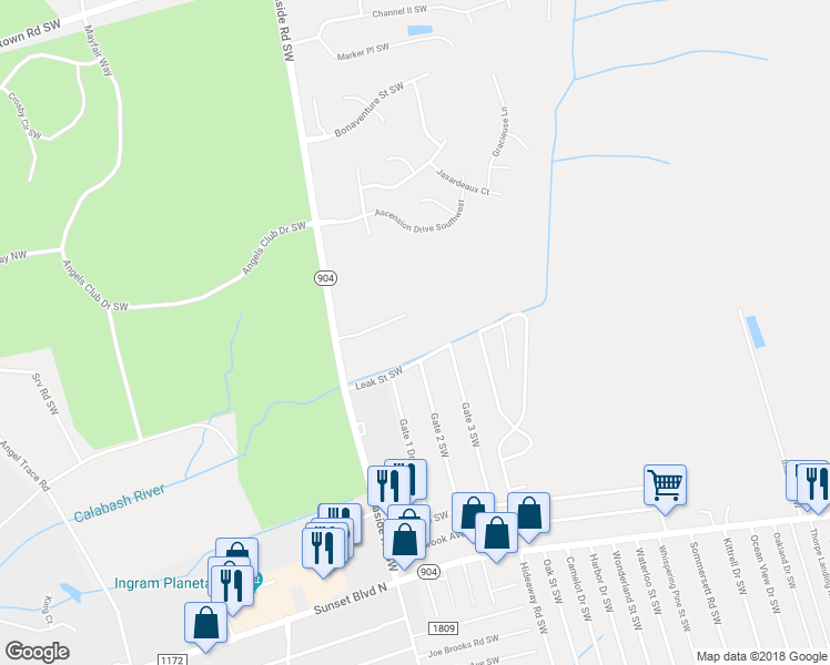 map of restaurants, bars, coffee shops, grocery stores, and more near 1401 Seaside Road Southwest in Sunset Beach