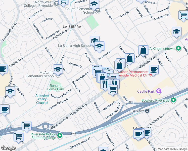 map of restaurants, bars, coffee shops, grocery stores, and more near 11131 Channing Street in Riverside