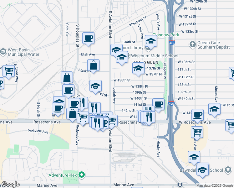 map of restaurants, bars, coffee shops, grocery stores, and more near 5536 139th Street in Hawthorne