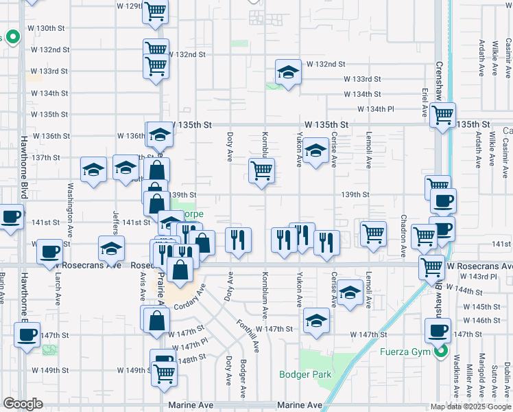 map of restaurants, bars, coffee shops, grocery stores, and more near 13921 Kornblum Avenue in Hawthorne