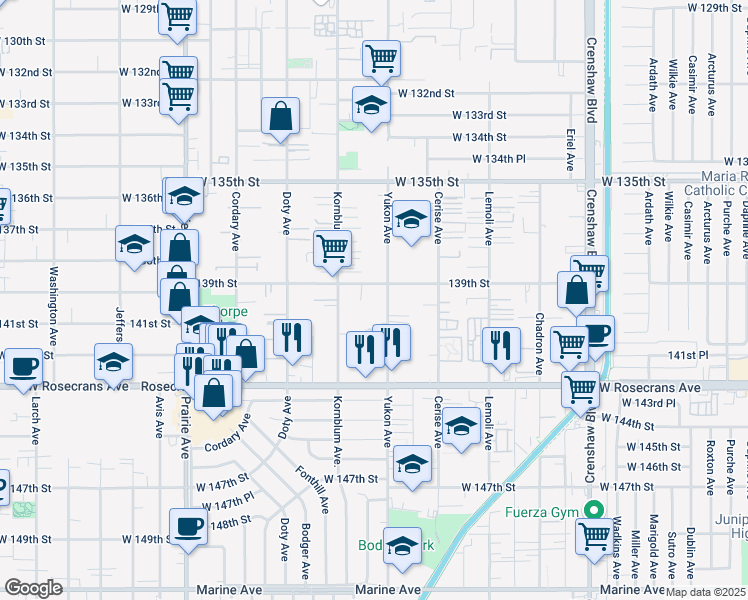 map of restaurants, bars, coffee shops, grocery stores, and more near 13934 Kornblum Avenue in Hawthorne