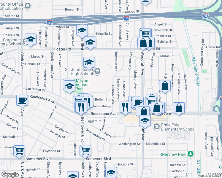 map of restaurants, bars, coffee shops, grocery stores, and more near 9890 Crestbrook Street in Bellflower