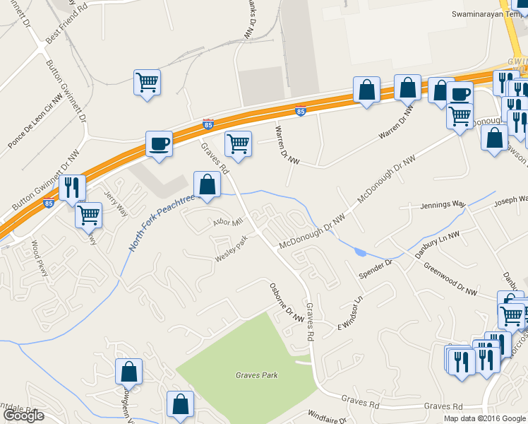 map of restaurants, bars, coffee shops, grocery stores, and more near 401 Autumn Leaf Way in Norcross