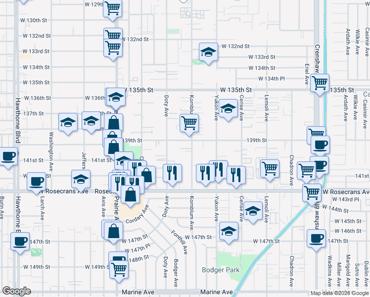 map of restaurants, bars, coffee shops, grocery stores, and more near 13921 Kornblum Avenue in Hawthorne