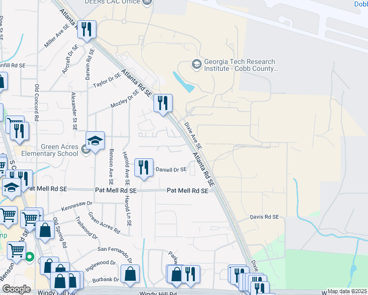 map of restaurants, bars, coffee shops, grocery stores, and more near 1954 Atlanta Road Southeast in Smyrna