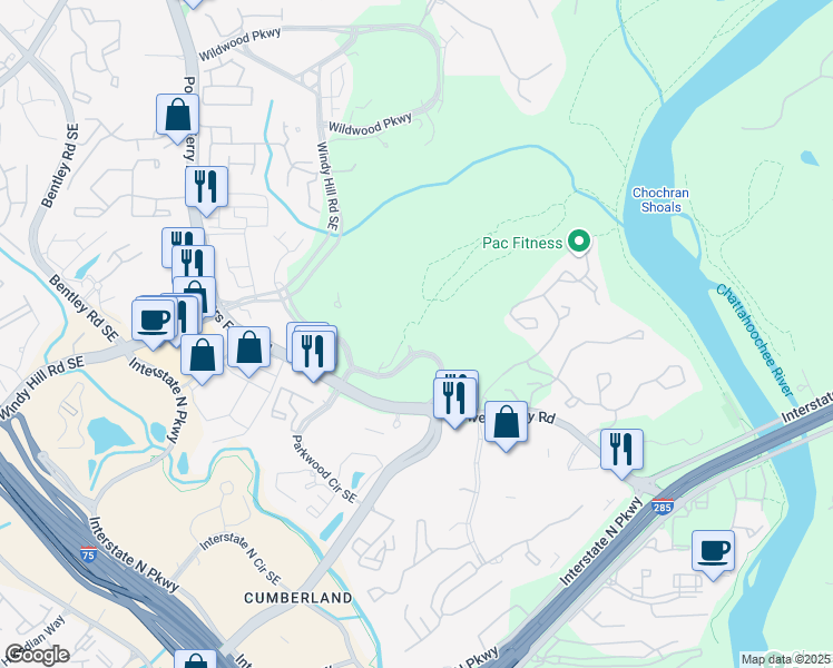 map of restaurants, bars, coffee shops, grocery stores, and more near 2500 Windy Ridge Parkway Southeast in Atlanta