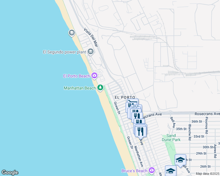 map of restaurants, bars, coffee shops, grocery stores, and more near 115 44th Street in Manhattan Beach