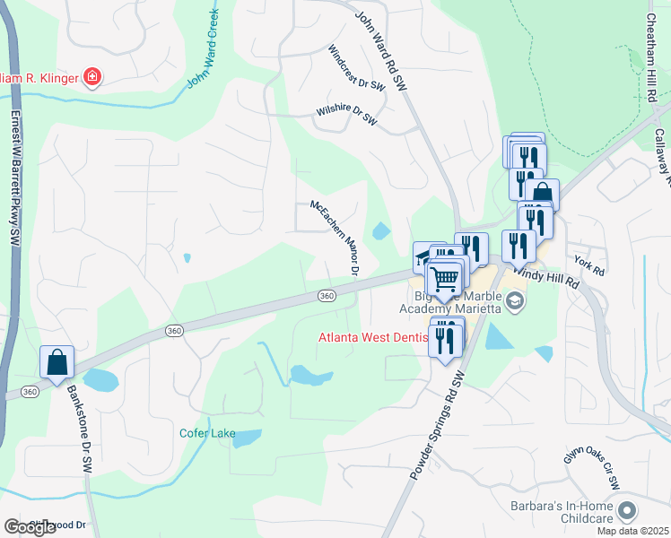 map of restaurants, bars, coffee shops, grocery stores, and more near 2000 Georgia 360 in Marietta