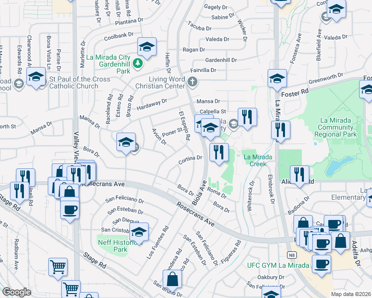 map of restaurants, bars, coffee shops, grocery stores, and more near 13804 El Espejo Road in La Mirada