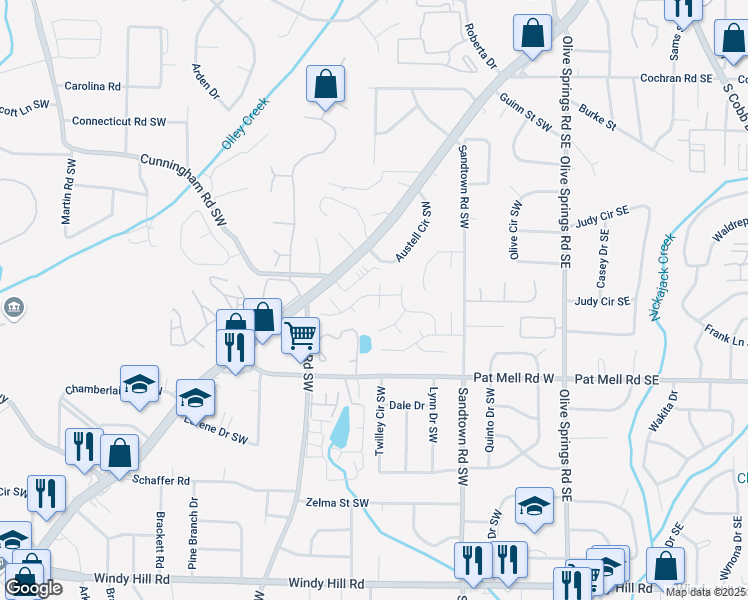 map of restaurants, bars, coffee shops, grocery stores, and more near 2154 Windstream Way in Marietta