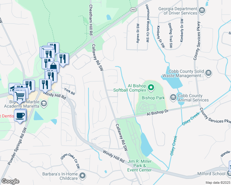 map of restaurants, bars, coffee shops, grocery stores, and more near 1932 Cheatham Woods Drive Southwest in Marietta