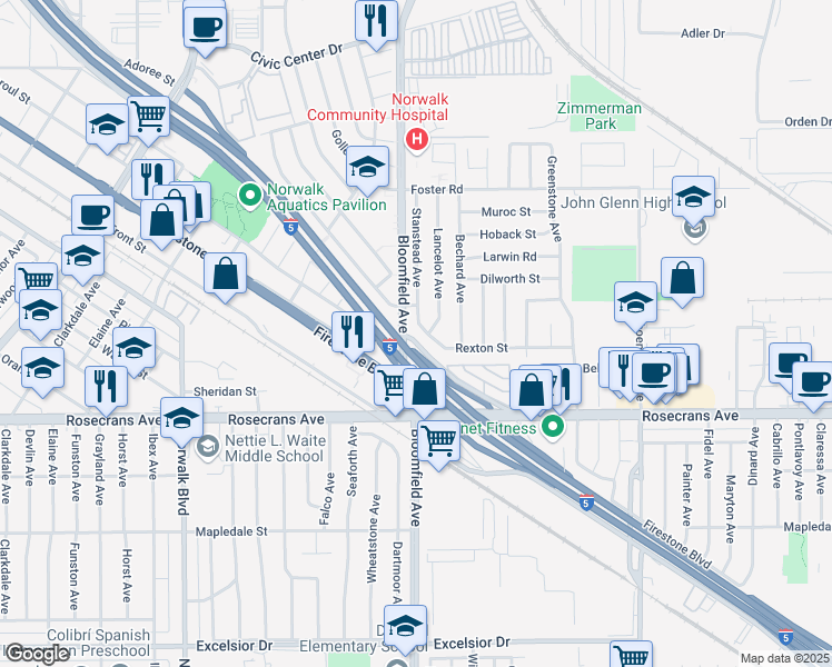 map of restaurants, bars, coffee shops, grocery stores, and more near 12648 Rexton Street in Norwalk