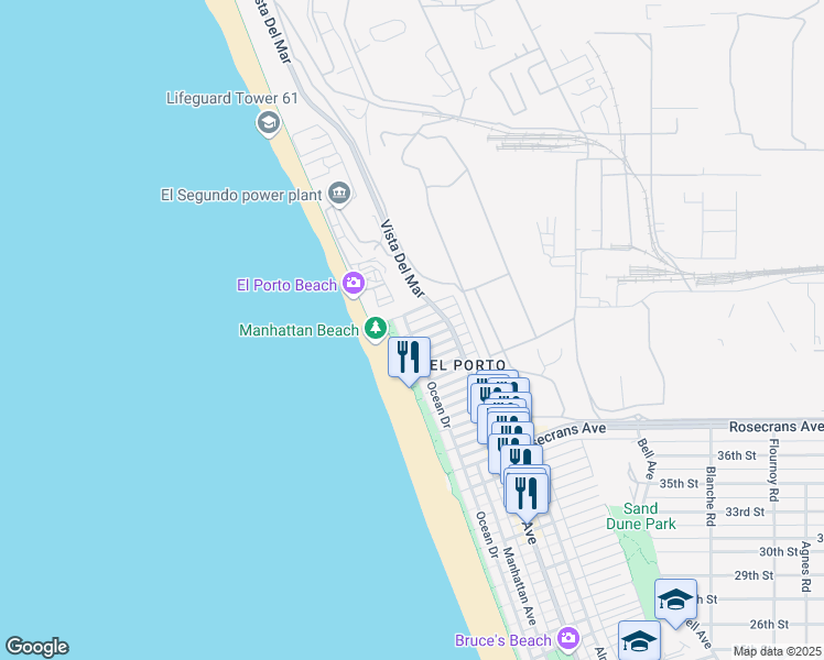 map of restaurants, bars, coffee shops, grocery stores, and more near 115 44th Street in Manhattan Beach